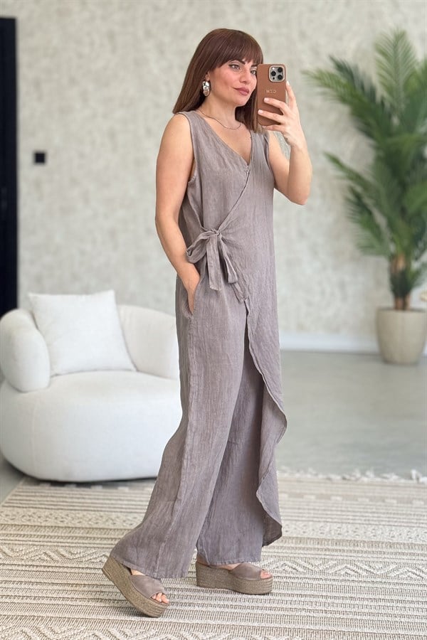 Fermuarlı Yandan Bağlamalı Kolsuz Keten Tulum Vizon Renk