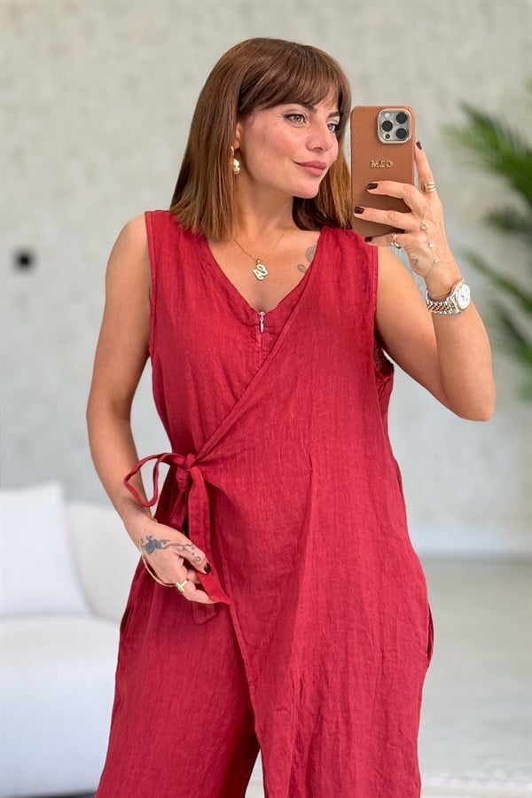 Fermuarlı Yandan Bağlamalı Kolsuz Keten Tulum Bordo Renk