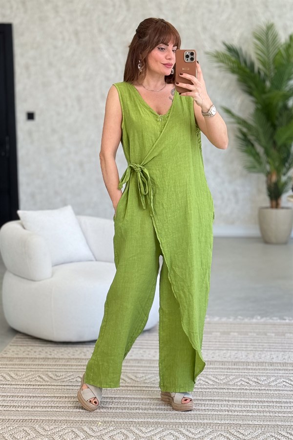 Fermuarlı Yandan Bağlamalı Kolsuz Keten Tulum Fıstık Yeşil RenkELBİSE