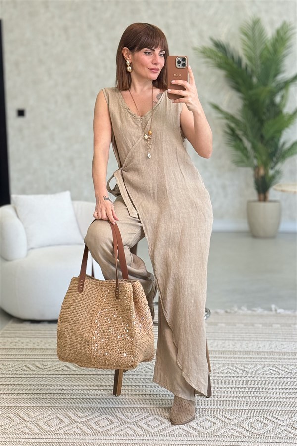 Fermuarlı Yandan Bağlamalı Kolsuz Keten Tulum Camel Renk