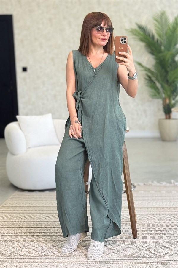 Fermuarlı Yandan Bağlamalı Kolsuz Keten Tulum Haki Renk