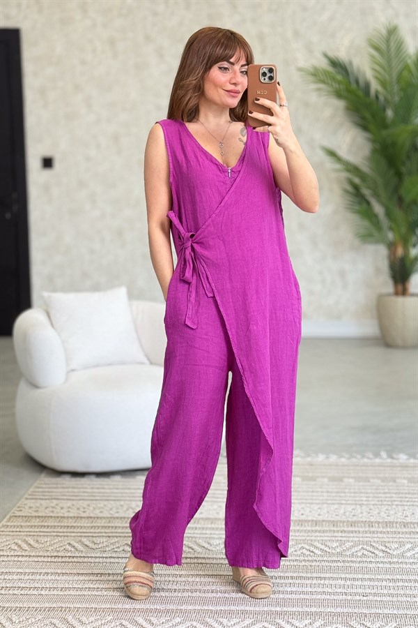Fermuarlı Yandan Bağlamalı Kolsuz Keten Tulum Siklemen RenkELBİSE