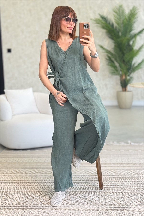 Fermuarlı Yandan Bağlamalı Kolsuz Keten Tulum Haki RenkELBİSE