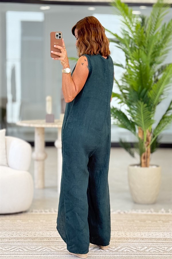Fermuarlı Yandan Bağlamalı Kolsuz Keten Tulum Nefti Yeşil Renk