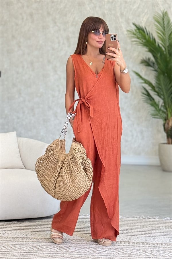 Fermuarlı Yandan Bağlamalı Kolsuz Keten Tulum Tarçın Renk