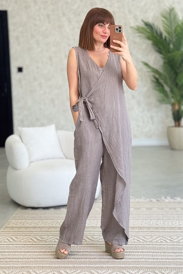 Fermuarlı Yandan Bağlamalı Kolsuz Keten Tulum Vizon Renk