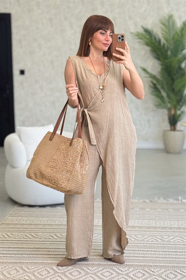Fermuarlı Yandan Bağlamalı Kolsuz Keten Tulum Camel Renk
