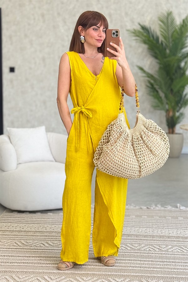 Fermuarlı Yandan Bağlamalı Kolsuz Keten Tulum Hardal Renk