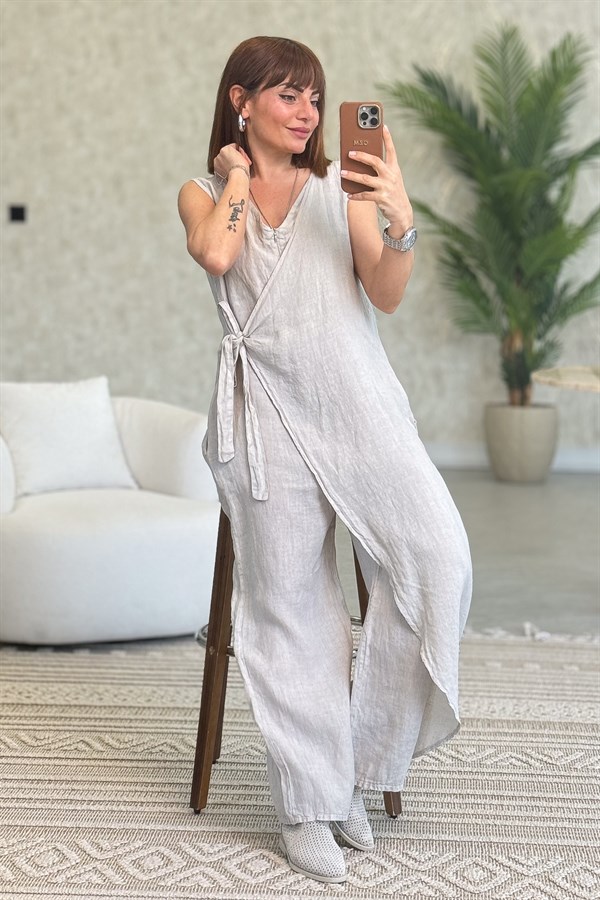Fermuarlı Yandan Bağlamalı Kolsuz Keten Tulum Bej Renk