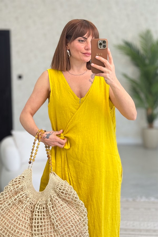 Fermuarlı Yandan Bağlamalı Kolsuz Keten Tulum Hardal Renk