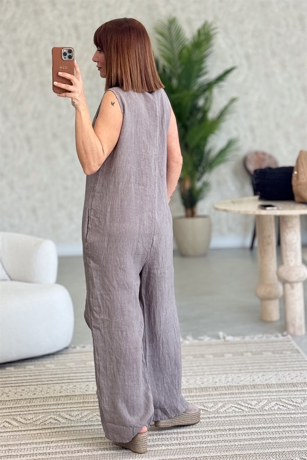Fermuarlı Yandan Bağlamalı Kolsuz Keten Tulum Vizon Renk