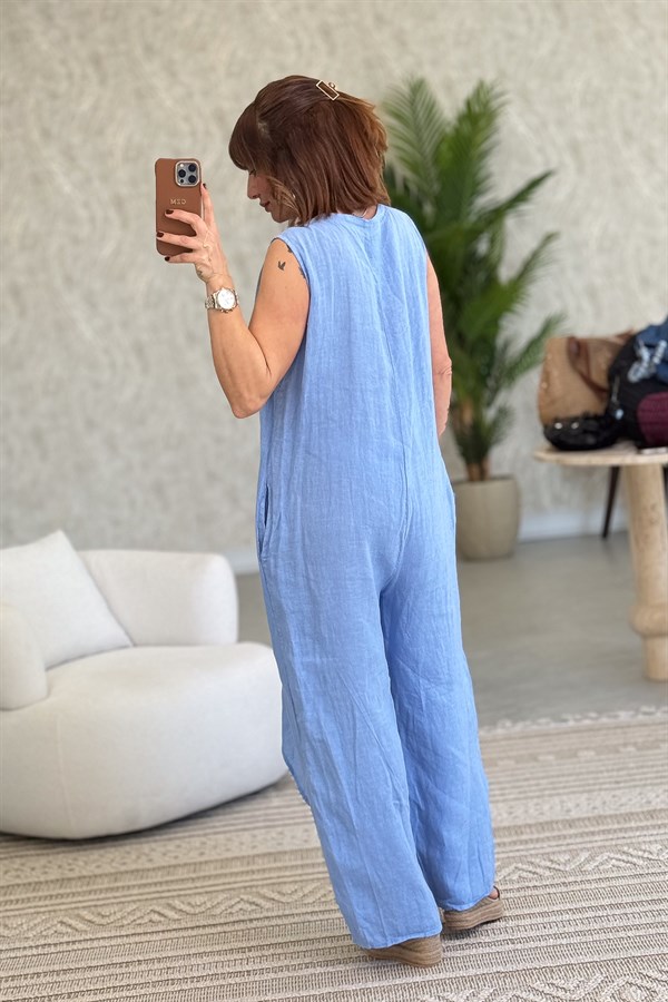 Fermuarlı Yandan Bağlamalı Kolsuz Keten Tulum Bebe Mavi Renk
