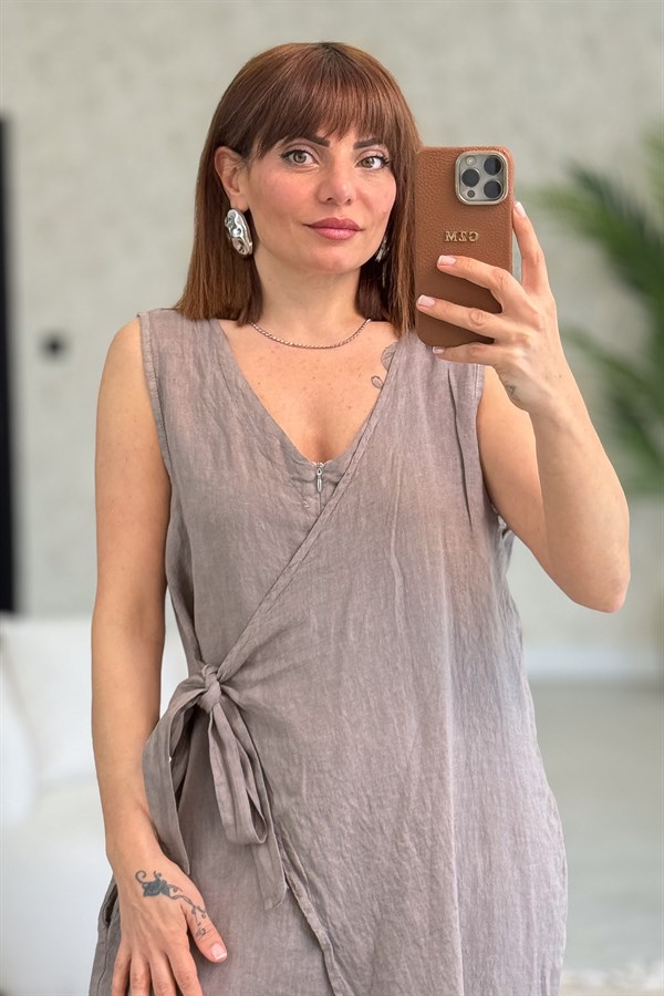 Fermuarlı Yandan Bağlamalı Kolsuz Keten Tulum Vizon Renk