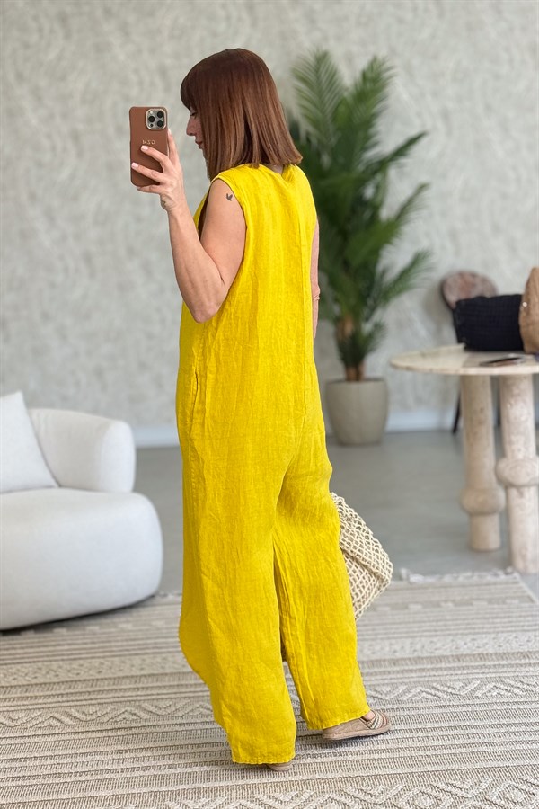 Fermuarlı Yandan Bağlamalı Kolsuz Keten Tulum Hardal Renk