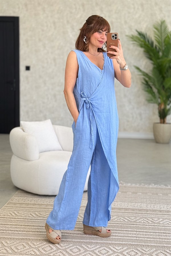 Fermuarlı Yandan Bağlamalı Kolsuz Keten Tulum Bebe Mavi Renk