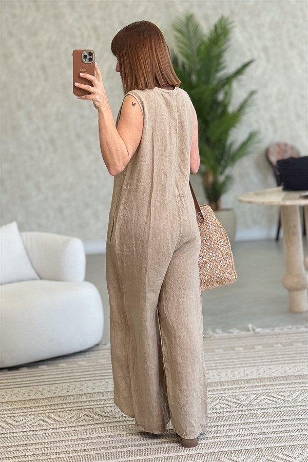 Fermuarlı Yandan Bağlamalı Kolsuz Keten Tulum Camel Renk