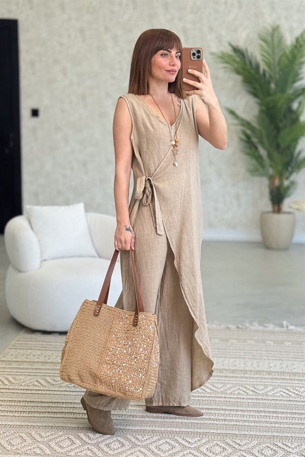 Fermuarlı Yandan Bağlamalı Kolsuz Keten Tulum Camel Renk