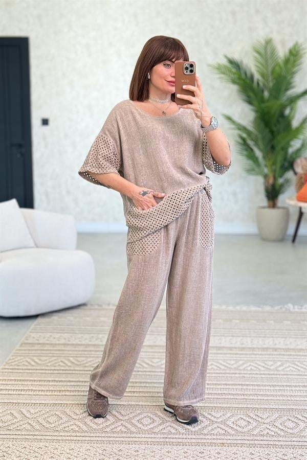 File Detaylı Bluz Pantolon Alt Üst Yıkamalı Keten Takım Camel Renk