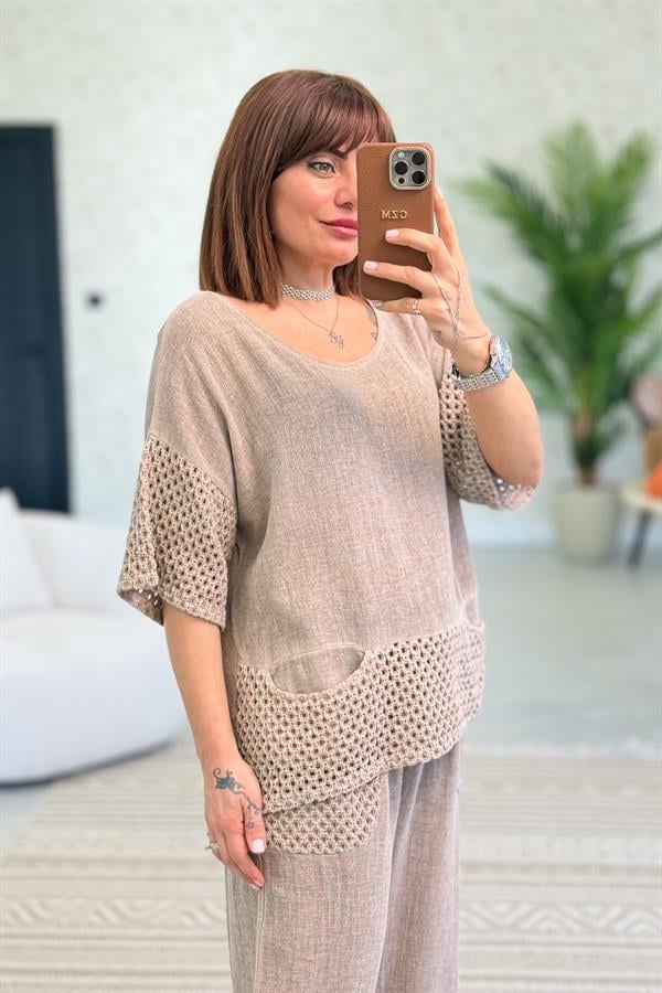 File Detaylı Bluz Pantolon Alt Üst Yıkamalı Keten Takım Camel Renk