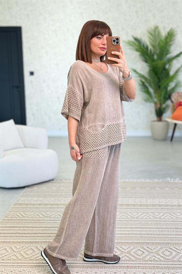 File Detaylı Bluz Pantolon Alt Üst Yıkamalı Keten Takım Camel Renk
