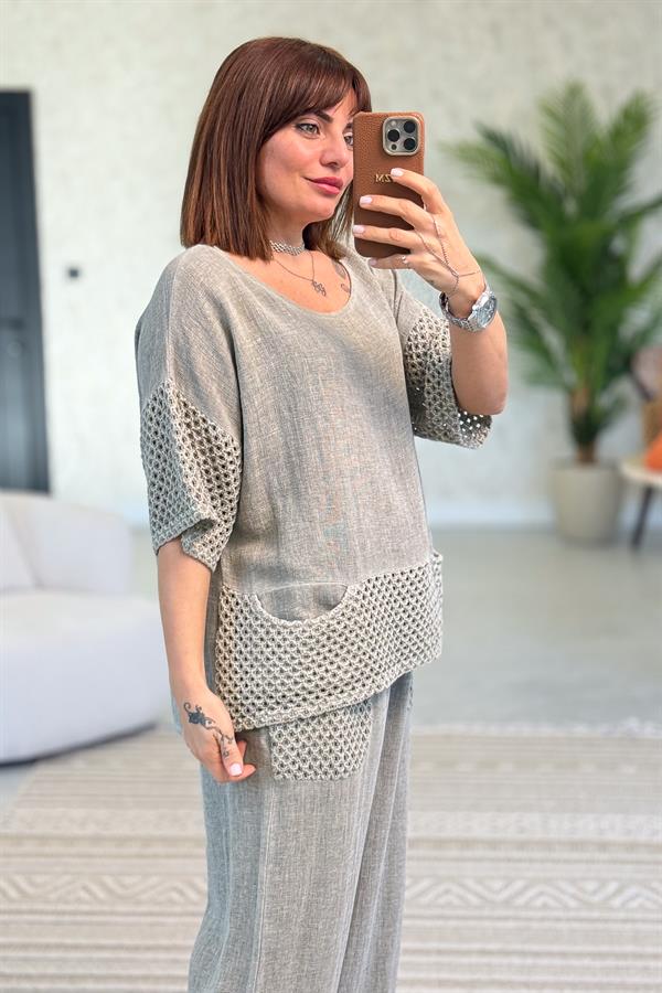 File Detaylı Bluz Pantolon Alt Üst Yıkamalı Keten Takım Haki Renk