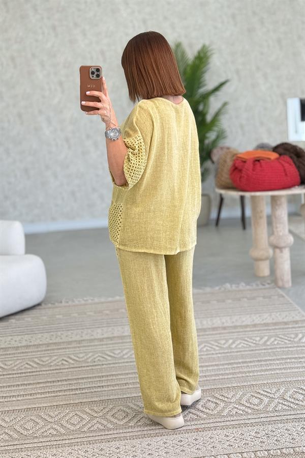 File Detaylı Bluz Pantolon Alt Üst Yıkamalı Keten Takım Hardal Renk