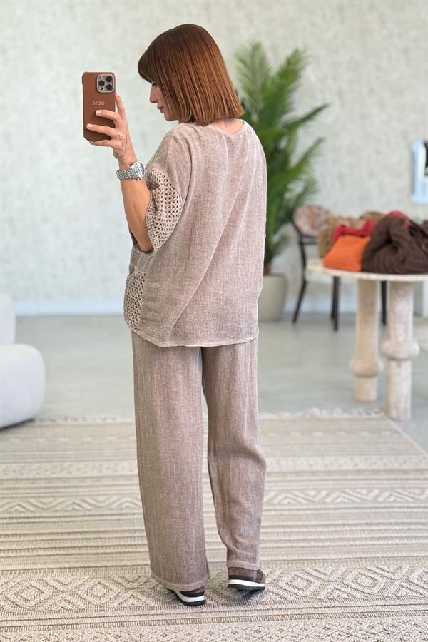 File Detaylı Bluz Pantolon Alt Üst Yıkamalı Keten Takım Camel Renk