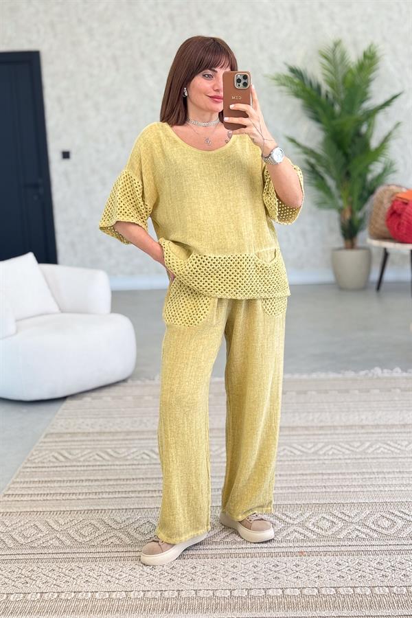 File Detaylı Bluz Pantolon Alt Üst Yıkamalı Keten Takım Hardal Renk