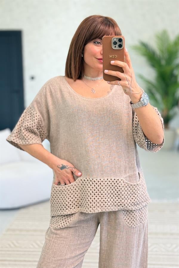 File Detaylı Bluz Pantolon Alt Üst Yıkamalı Keten Takım Camel Renk