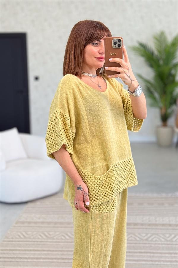 File Detaylı Bluz Pantolon Alt Üst Yıkamalı Keten Takım Hardal Renk