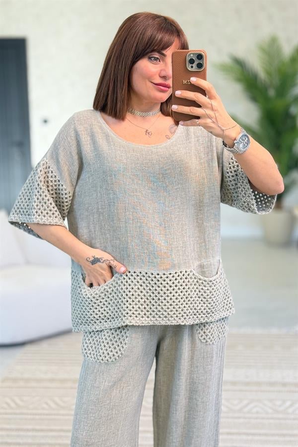 File Detaylı Bluz Pantolon Alt Üst Yıkamalı Keten Takım Haki Renk