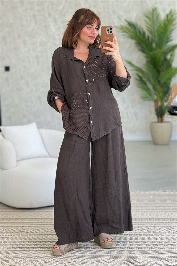 File Parçalı Keten Gömlek Acı Kahve Renk