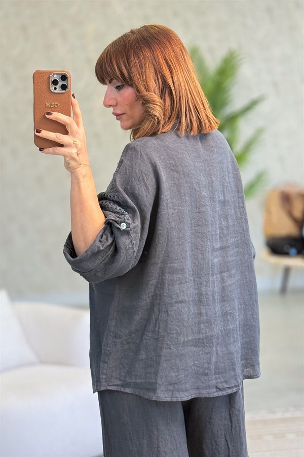 File Parçalı Keten Gömlek Antresit Renk