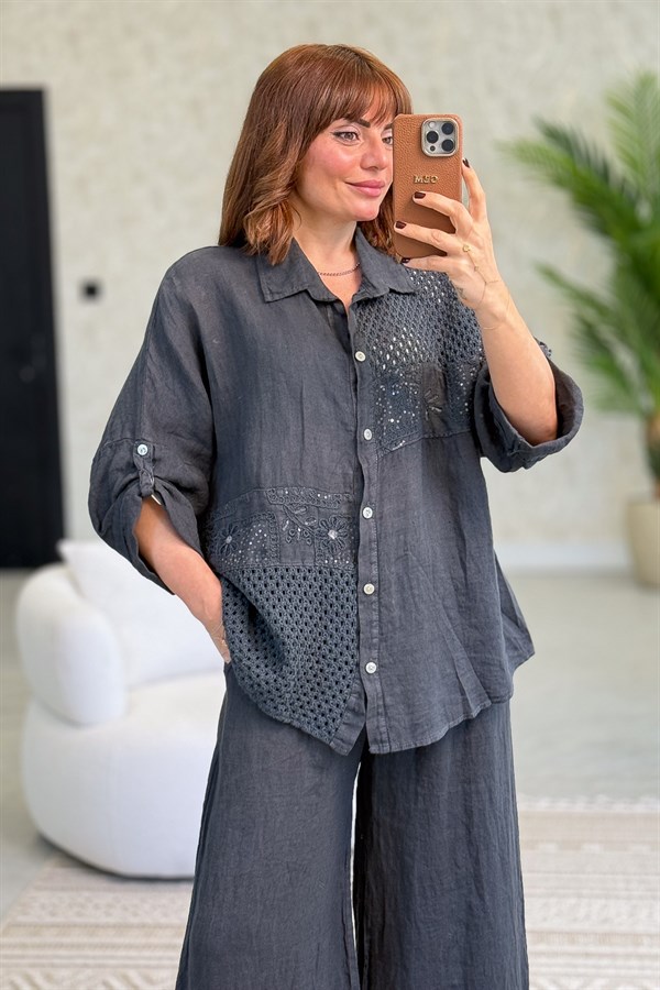 File Parçalı Keten Gömlek Antresit Renk