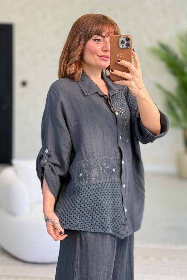 File Parçalı Keten Gömlek Antresit Renk