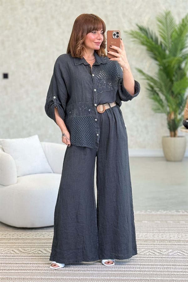 File Parçalı Keten Gömlek Antresit Renk