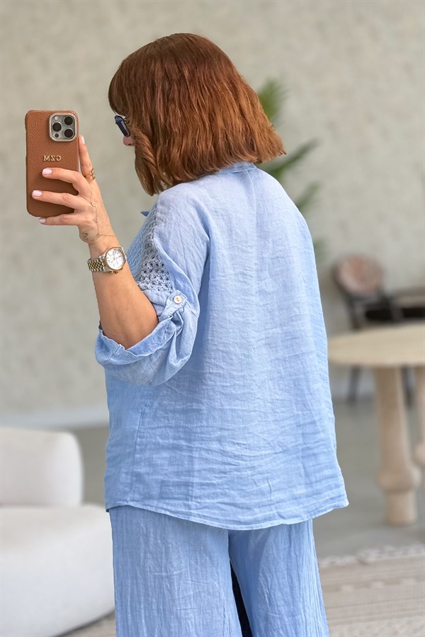 File Parçalı Keten Gömlek Bebe Mavi Renk