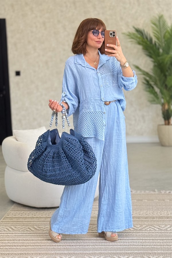 File Parçalı Keten Gömlek Bebe Mavi Renk