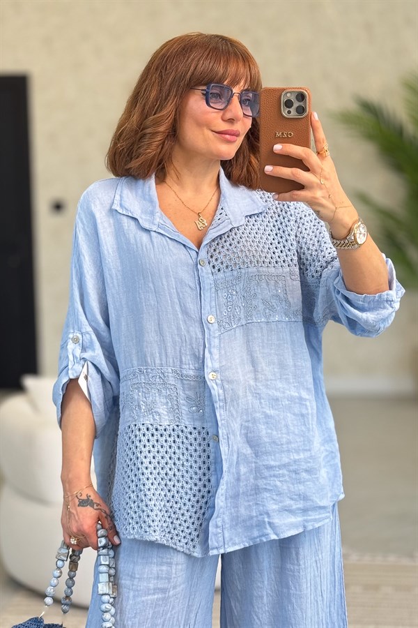 File Parçalı Keten Gömlek Bebe Mavi Renk