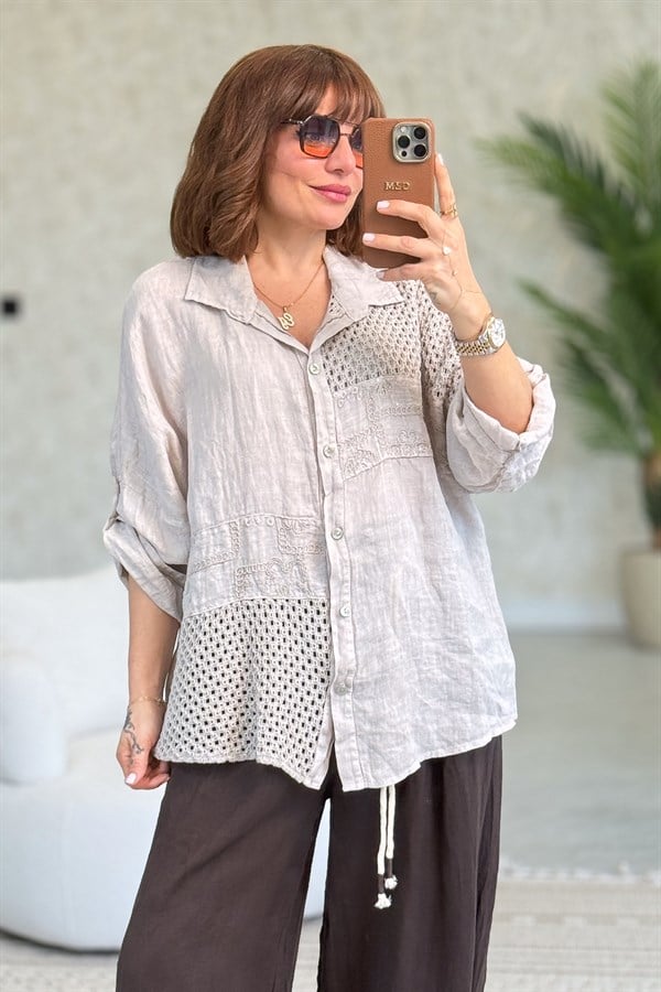 File Parçalı Keten Gömlek Bej Renk