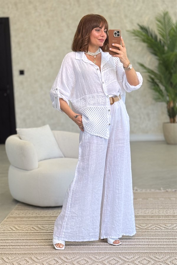File Parçalı Keten Gömlek Beyaz Renk