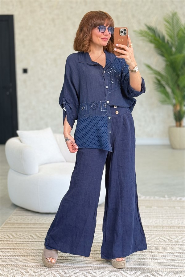 File Parçalı Keten Gömlek Lacivert Renk