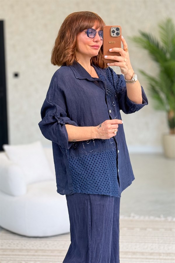 File Parçalı Keten Gömlek Lacivert Renk