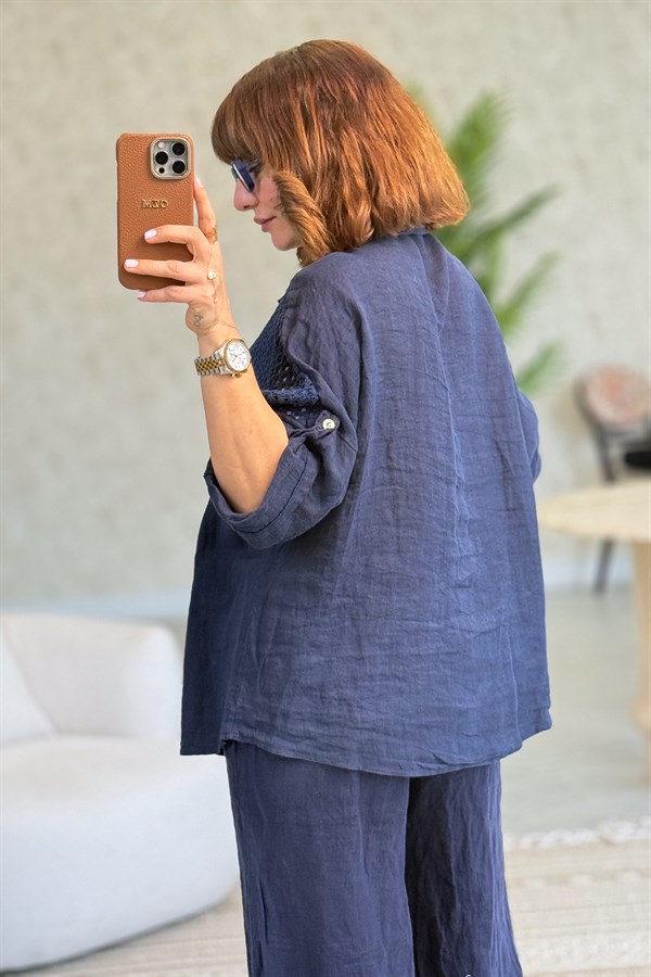 File Parçalı Keten Gömlek Lacivert Renk