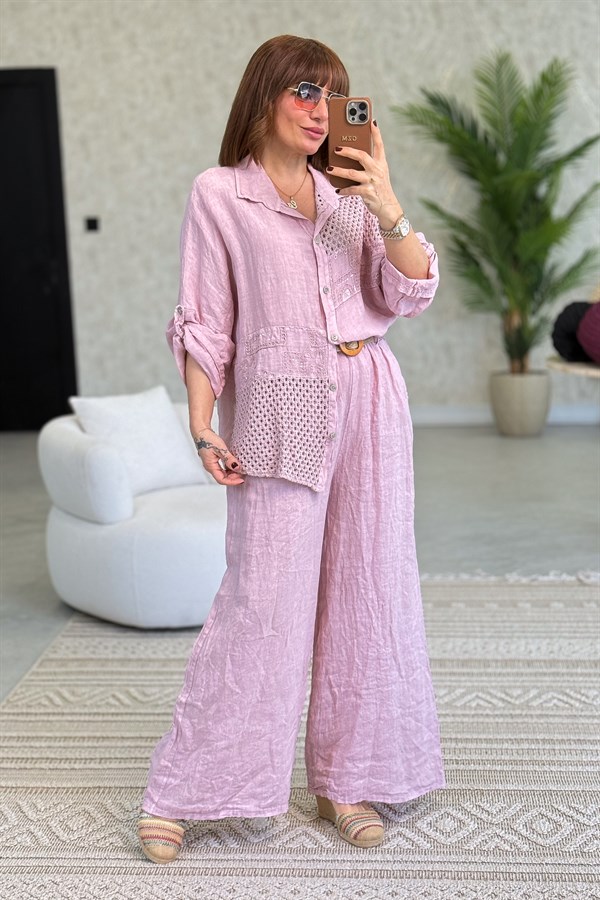 File Parçalı Keten Gömlek Pudra Renk