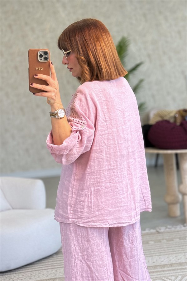 File Parçalı Keten Gömlek Pudra Renk