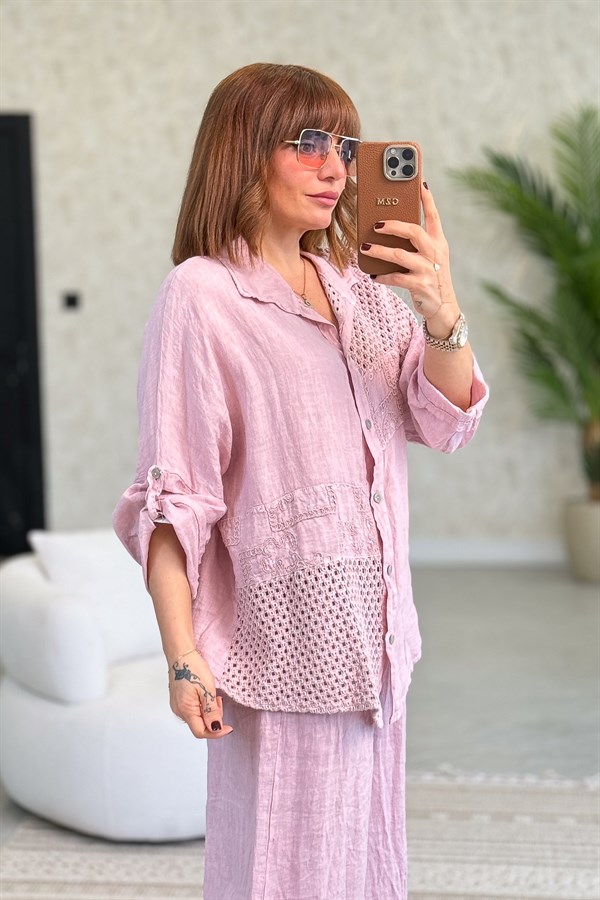 File Parçalı Keten Gömlek Pudra Renk