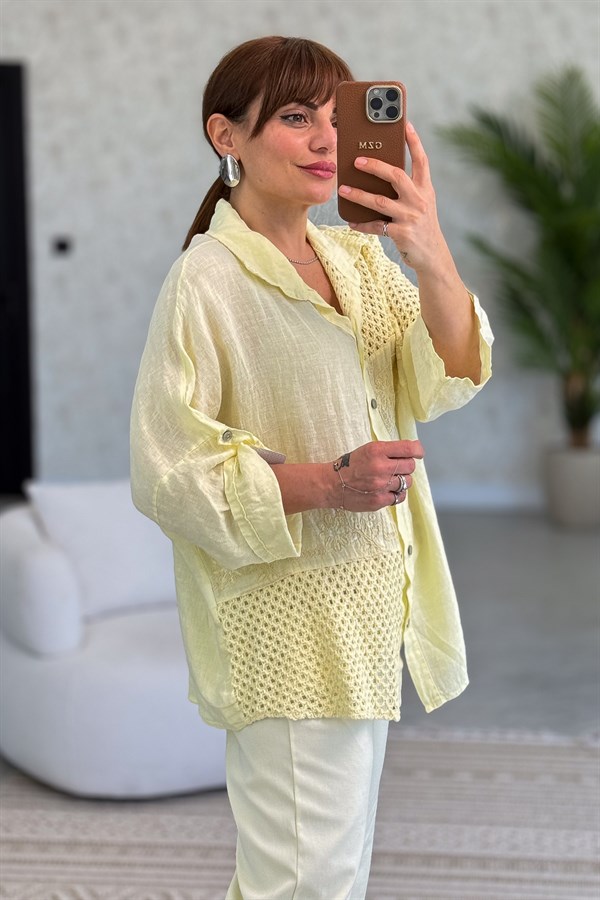 File Parçalı Keten Gömlek Sarı Renk