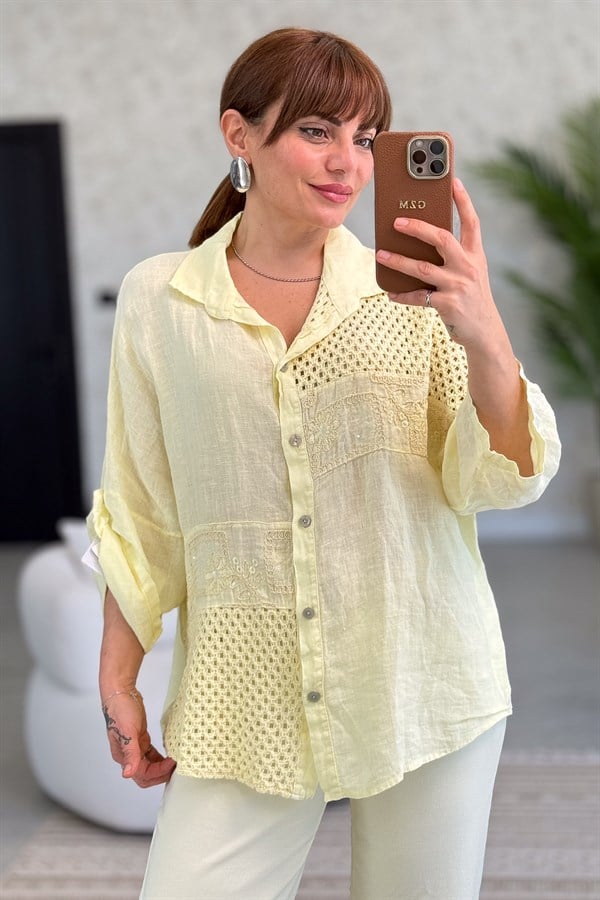 File Parçalı Keten Gömlek Sarı Renk