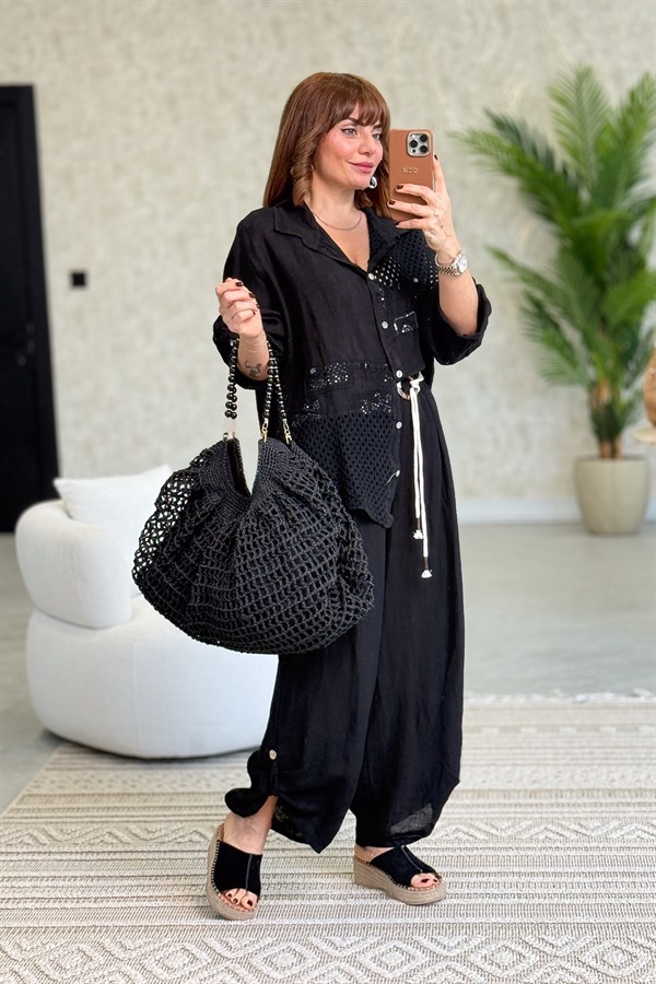 File Parçalı Keten Gömlek Siyah Renk